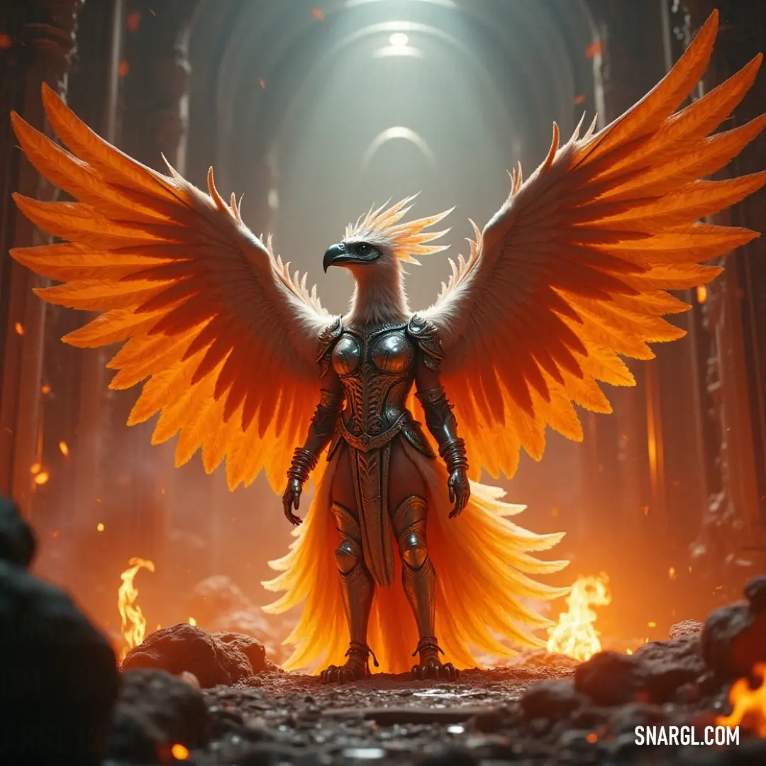 A Garuda with fiery wings, surrounded by smoke and flames, poised for an epic confrontation in a cave. The Skyscorch Garuda, its wings ablaze with shades of orange, stands boldly in a cave filled with swirling smoke and intense flames, as if waiting for a challenge.