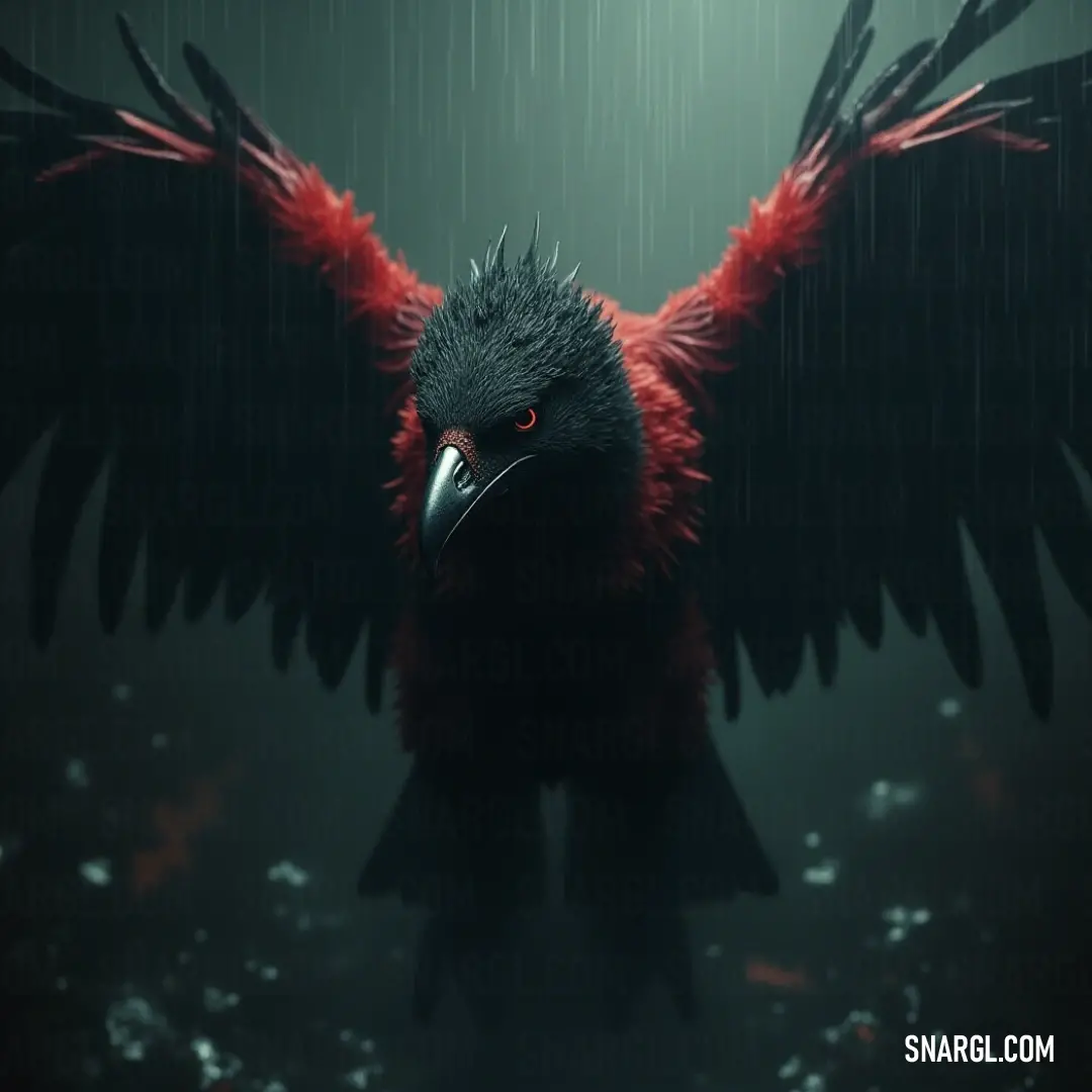 A graceful Skyscream caught in a gentle rain, showcasing vibrant red feathers contrasting beautifully with its sleek black wings, creating an image of serene elegance amidst nature's playful elements.