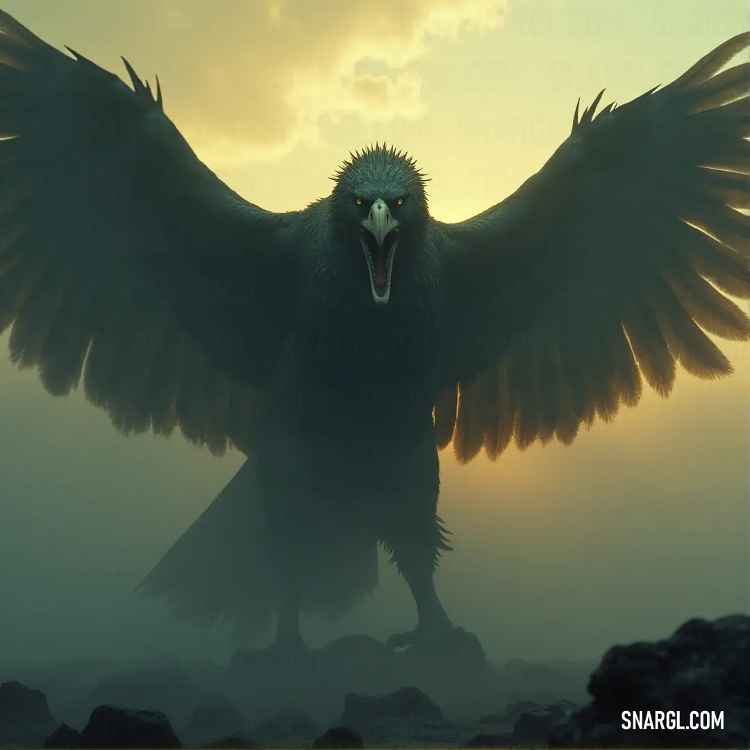 A majestic Skyshadow spreads its massive wings wide as it glides through the sky, the warm glow of a sunset painting the sky behind it.