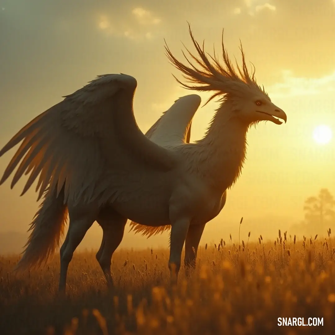 A stunning White Skyshadow, adorned with large, majestic wings, stands gracefully in a sun-drenched field during sunset. The golden rays accentuate its elegant form, casting intricate shadows against the vibrant sky painted in hues of orange and pink.