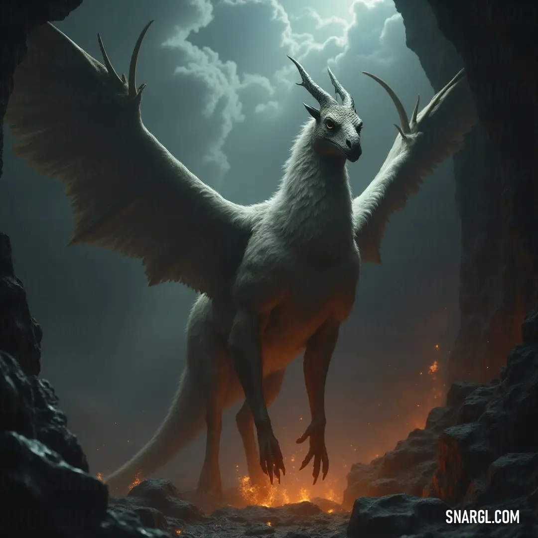 In a dimly lit cave, a magnificent White Skyshadow with pronounced horns exudes a sense of majesty. A brilliant light streams from behind, illuminating its powerful silhouette and creating an ethereal atmosphere within the mysterious depths of the cave.