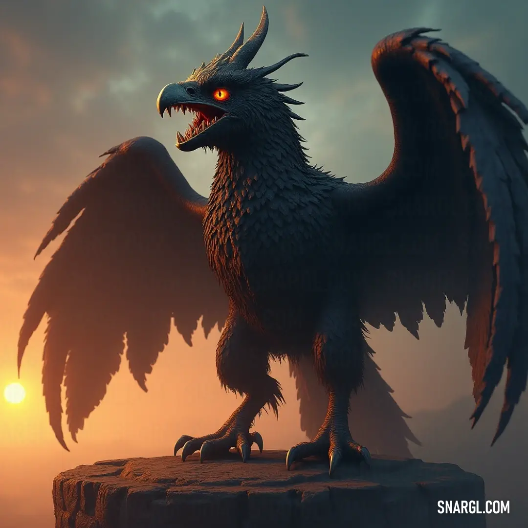 A dragon with large wings stands on a rock at sunset, while a bird-like Skyshard with sharp beaks flies nearby, all under the fiery glow of the setting sun. A mighty dragon with massive wings perched on a jagged rock, silhouetted against a fiery sunset. A fierce bird, resembling a Skyshard with sharp beaks, flutters nearby as the sun casts a golden glow over the scene.