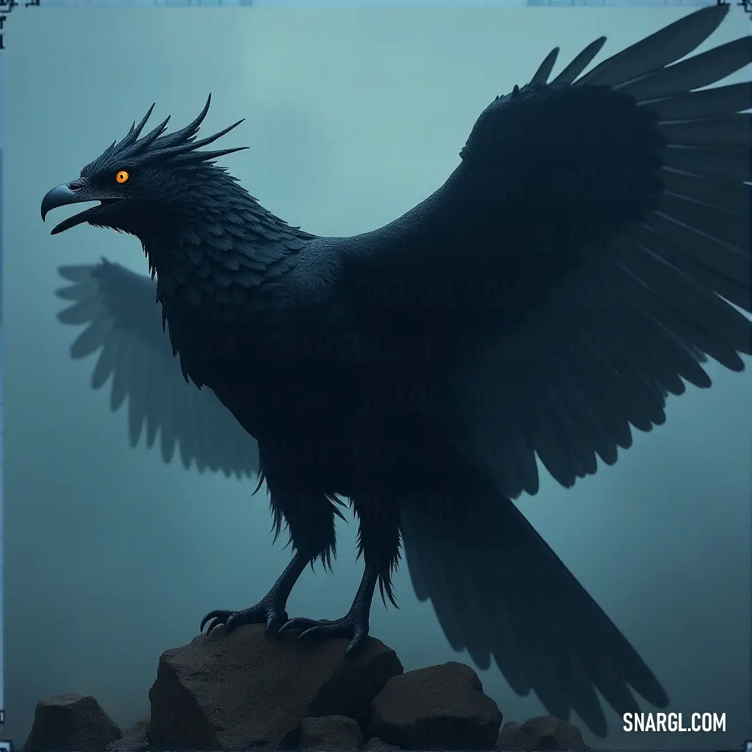 A mysterious creature with yellow eyes stands on a rock, its wings spread in the fog. The misty surroundings add an air of suspense and intrigue to the scene. A dark-winged creature with yellow eyes stands atop a rocky formation in a misty fog. Its wings are spread wide, creating an imposing silhouette against the ethereal, foggy landscape.