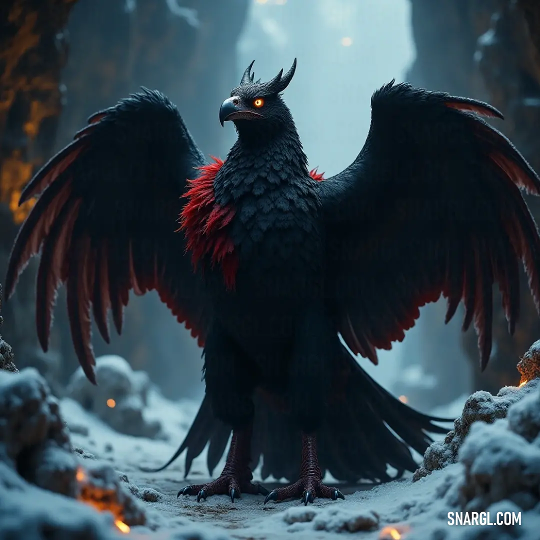 An awe-inspiring Large Skyshock, adorned with radiant red feathers, stands boldly in a wintry expanse, its wings spread wide, and glowing eyes reflecting the pure magic of the frosty environment around it.