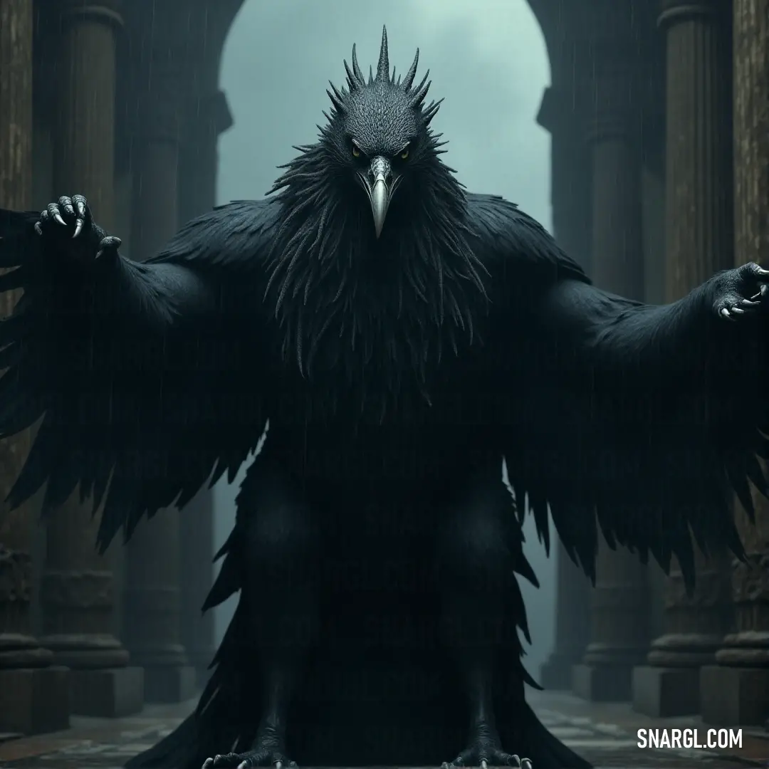 A Black Skyshocker with a large beak and wings spread stands proud and imposing, its dark form contrasting against the bright surroundings and exuding an air of power. A Black Skyshocker with a sharp, powerful beak and wings spread wide stands tall. Its dark feathers and imposing presence create an intense visual contrast against the light background, highlighting its strength and dominance.