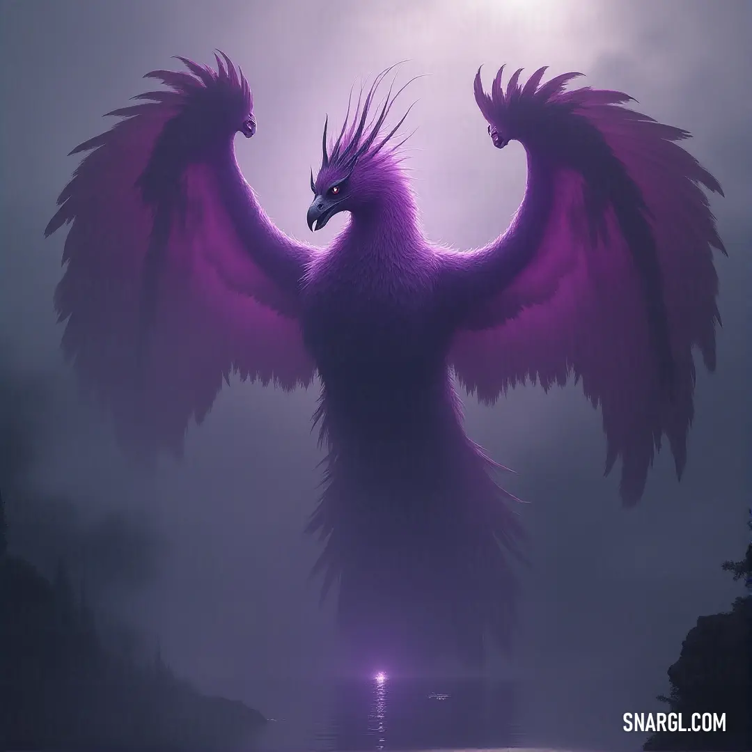 Skysinger with large wings, standing amidst fog, wings unfurled and eyes wide open, seemingly connected to the foggy landscape around it. A large Skysinger, its wings outstretched, stands in the midst of dense fog, its eyes sharp and aware as the mist swirls around it, creating an ethereal atmosphere, as though it is one with the mysteries of the sky and the land.