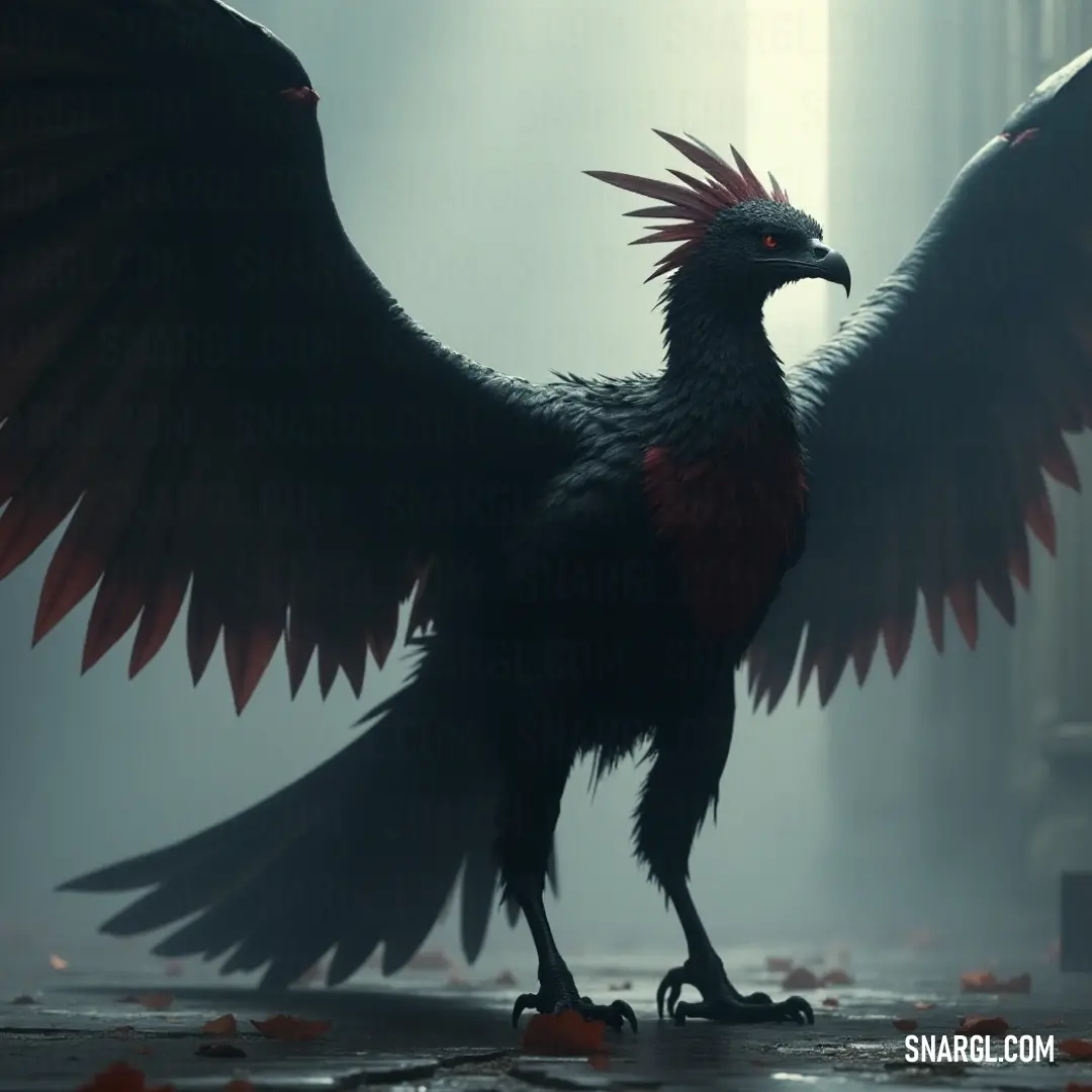 A radiant Skysplitter with striking red feathers showcases its elegance as it rests on the floor, wings outstretched, surrounded by an atmosphere that exudes charm and wonder.