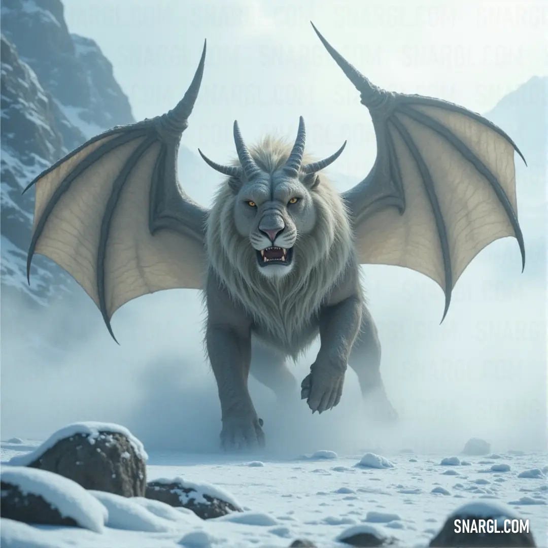 The regal white Skystinger Manticore walks gracefully through a winter wonderland, showcasing its enchanting features against the snow-clad backdrop. A majestic white Skystinger Manticore, adorned with regal horns, strides through a pristine snowy landscape, its mouth open to unveil a fierce yet captivating presence amidst the crystal white surroundings.