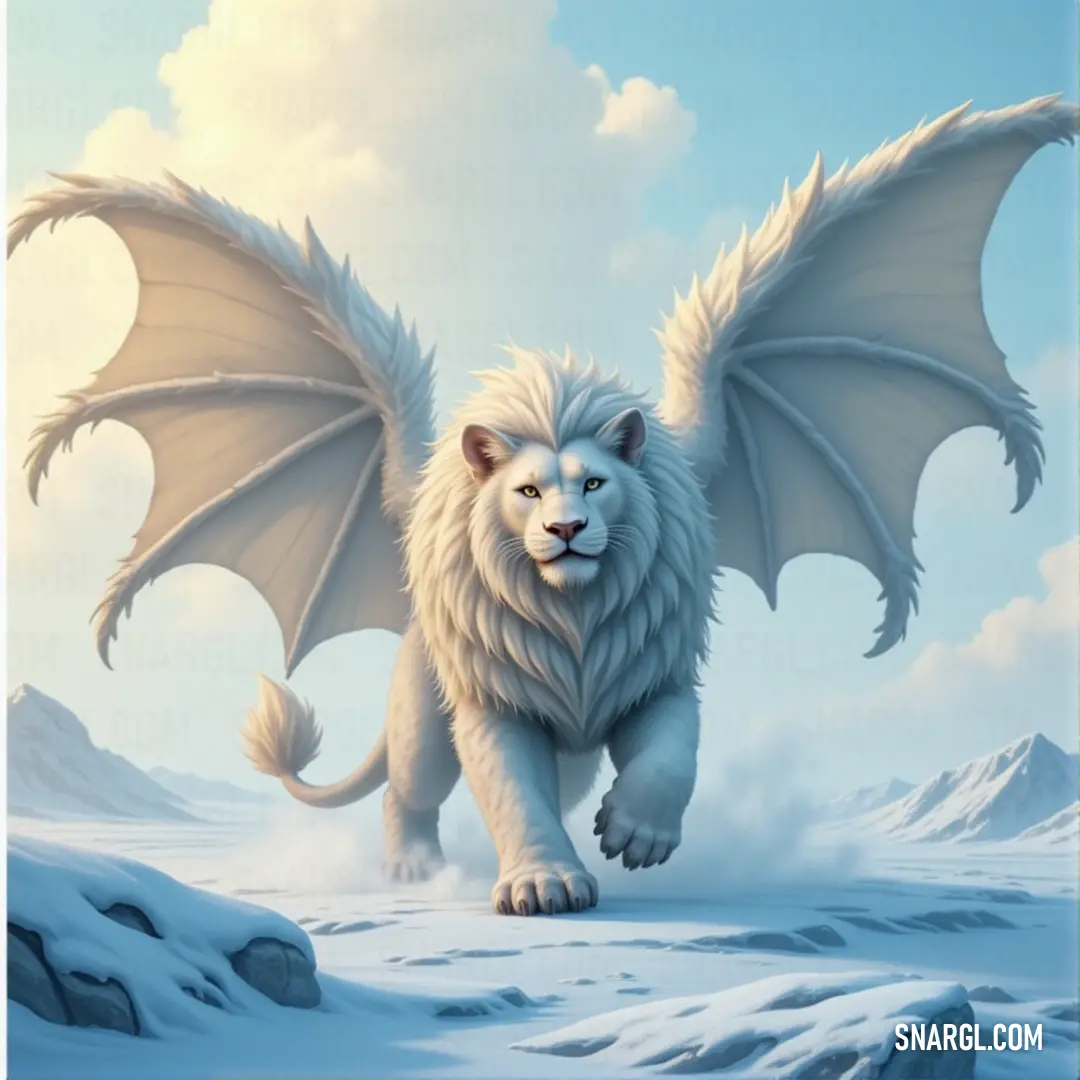 The white Skystinger Manticore soars through the skies, its magnificent wings spread wide over a captivating snowy mountain terrain, a beacon of strength and beauty. A stunning white Skystinger Manticore with grand wings soars gracefully over a breathtaking snowy mountain landscape, contrasting its white form against the azure sky, capturing the essence of freedom and might.