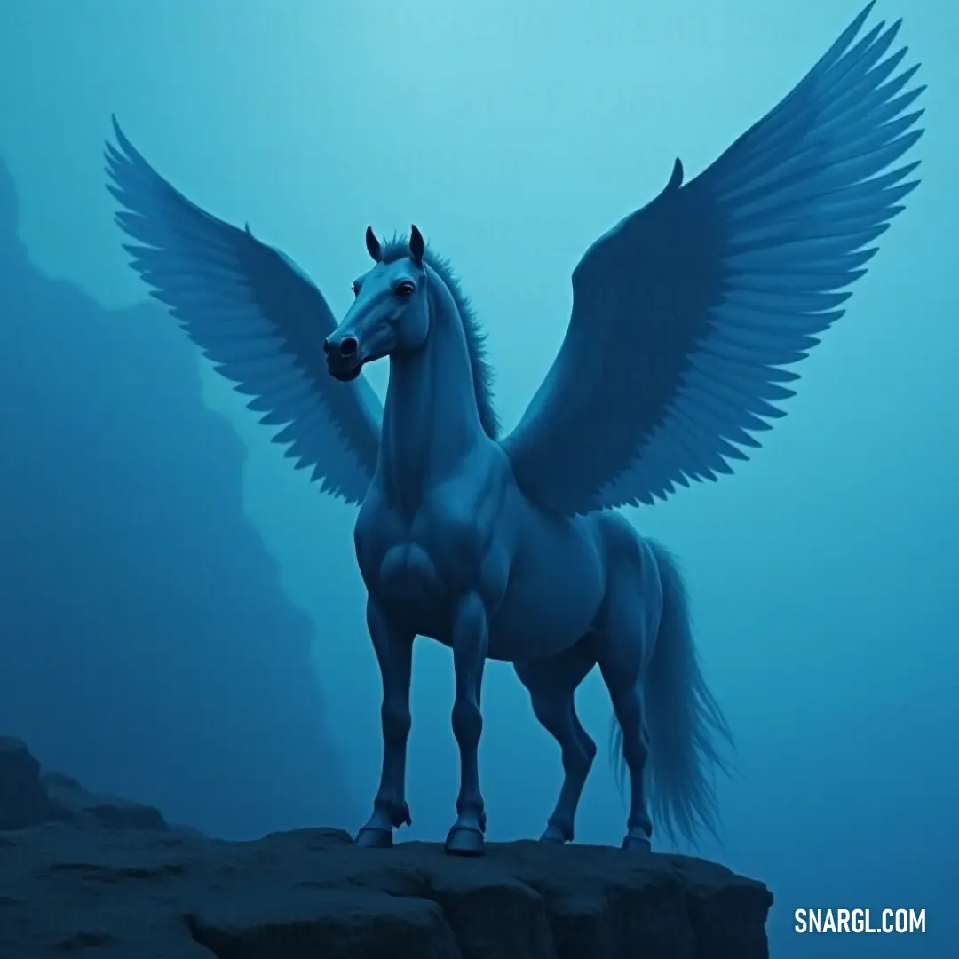 Skystorm stands proudly on a rock, its wings spread wide as it gazes over the vast ocean, the blue waters and sky blending seamlessly in this awe-inspiring moment of natural beauty. A magnificent winged creature, Skystorm, stands on a rocky outcrop in the middle of the ocean. The vast blue expanse of the sea and sky stretches out, creating a breathtaking and majestic backdrop for the creature's commanding presence.