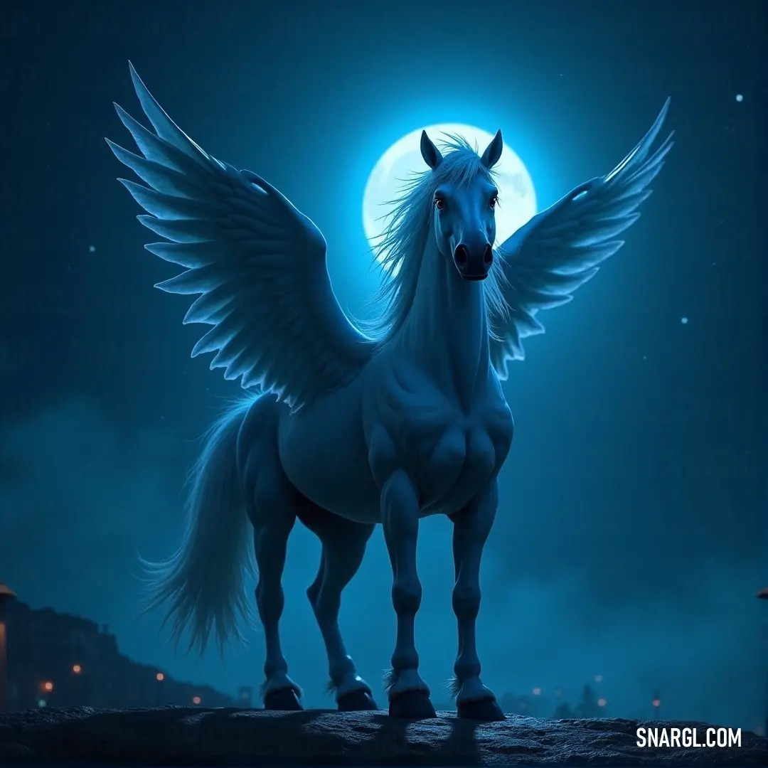 A White Skystorm with wings stands beneath a full moon, its figure casting a shadow as the moonlight bathes it in a mystical glow, with a distant building standing tall behind. A White Skystorm with wings stands in front of a full moon, its wings stretched out, silhouetted against the pale moonlight, with an imposing building visible in the background.