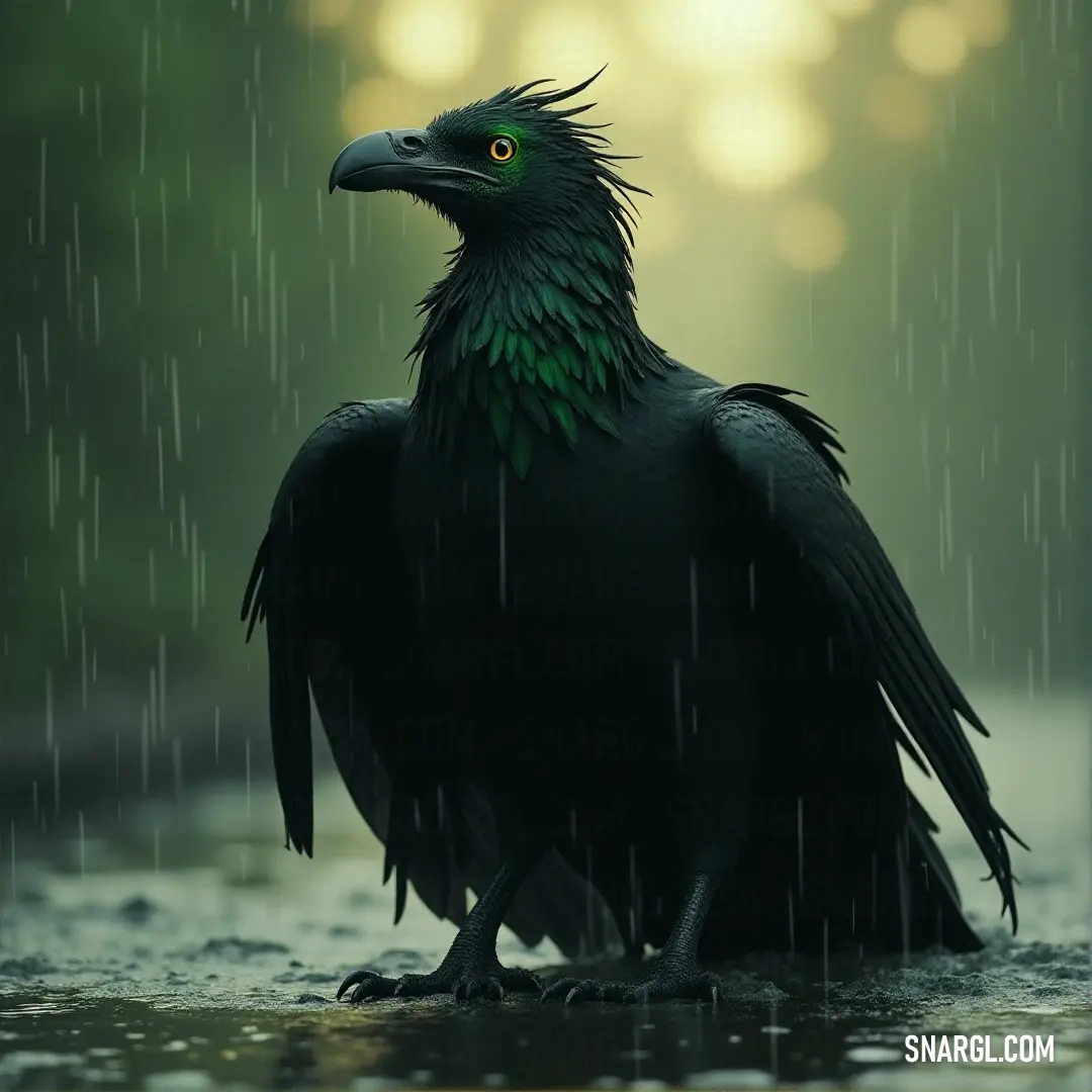 A Black Skystorm with vibrant green feathers, standing tall in the rain. Despite the downpour, it remains composed, its feathers glistening with moisture as it watches the world around it. A Black Skystorm, its vivid green feathers standing out in the rain, gazes solemnly. Raindrops fall heavily around it, but the bird remains undisturbed, a striking figure amidst the stormy weather.