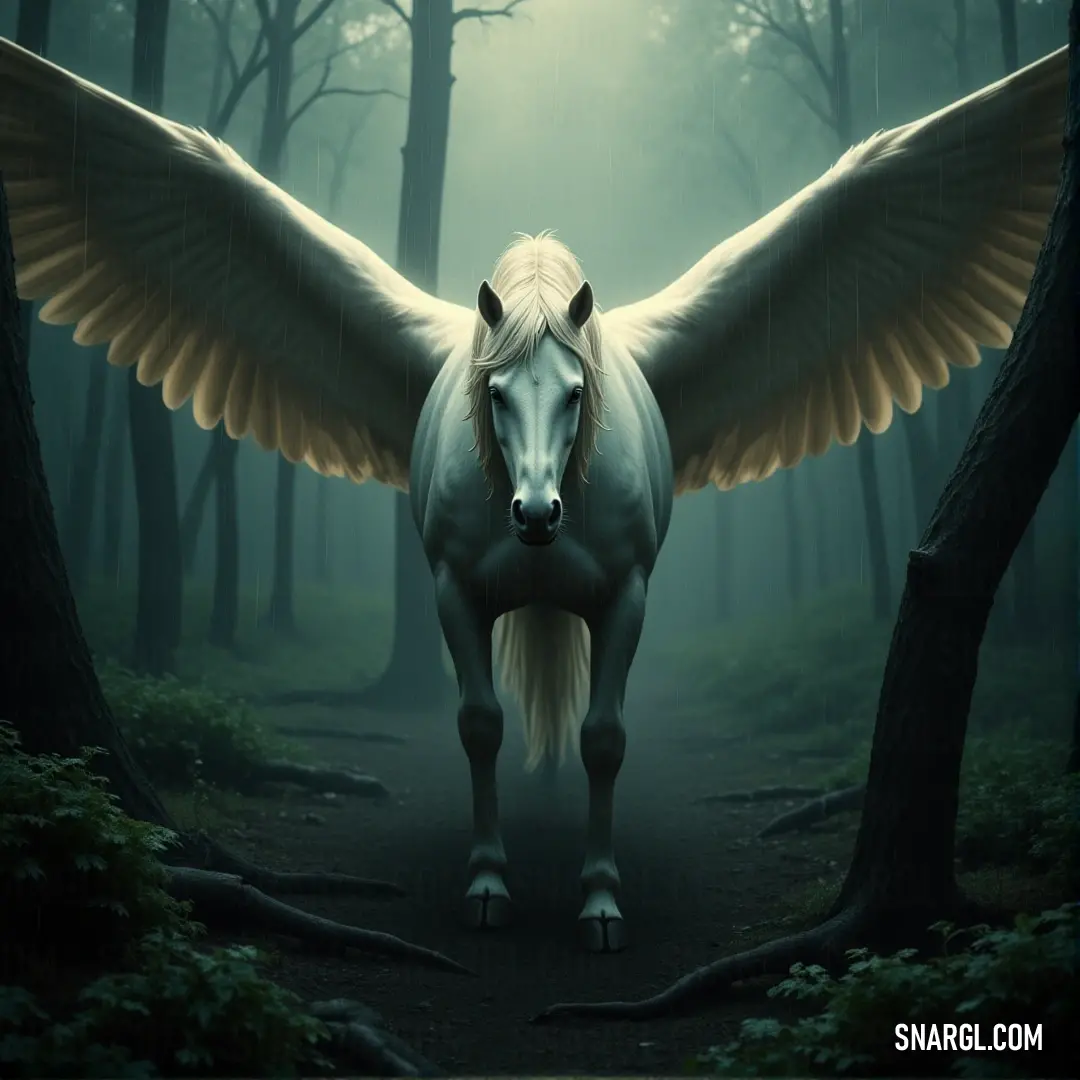 A majestic Skystrider with powerful wings stands gracefully amidst a tranquil forest, where towering trees stretch toward the sky and soft grass covers the ground. The peaceful setting contrasts with its imposing presence, adding to the serene beauty of t