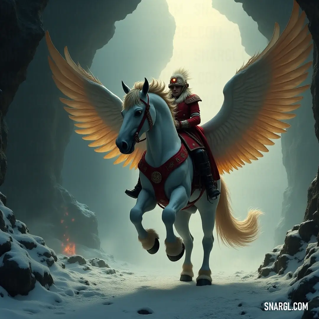Skystrider on a white horse with wings in an enchanted tunnel A majestic figure known as Skystrider confidently rides a magnificent white horse, traversing a mysterious tunnel. The horse flaunts stunning wings, while the Skystrider dons a striking red cape, exuding an air of adventure and valor amidst the enchanting