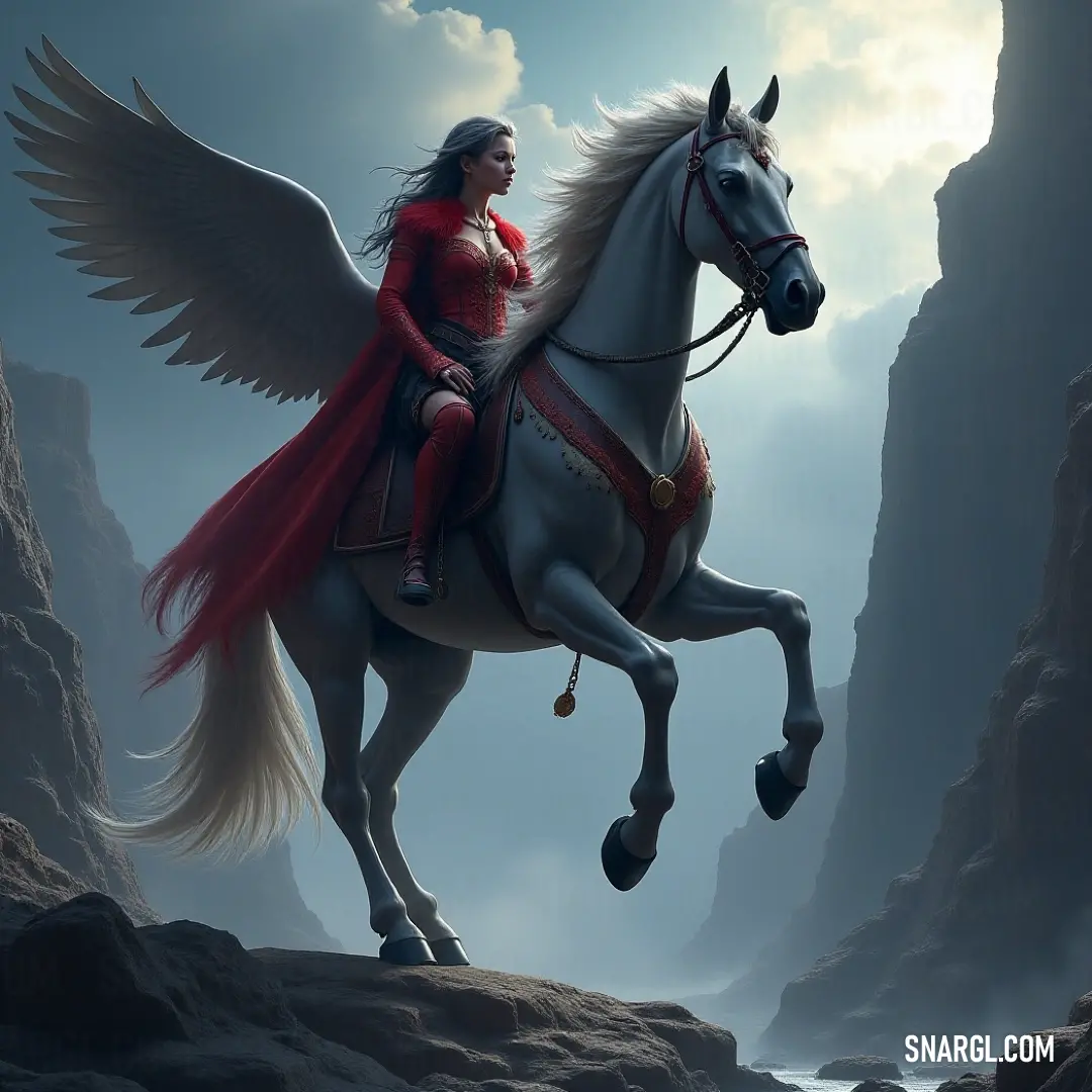 Skystrider on a white horse beside a serene river Skystrider rides proud and free atop a stunning white horse, positioned gracefully alongside a gentle river. Tall mountains rise majestically in the background, creating a breathtaking landscape filled with a sense of adventure and charm.