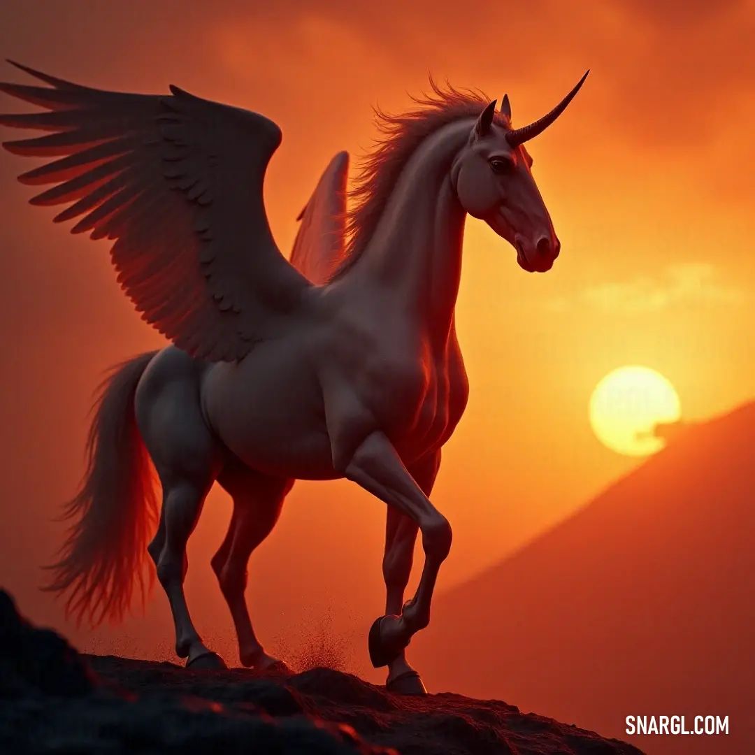 A stunning White Skystrider dominates the scene, standing on a hilltop as the sun dips low, casting a golden hue across the landscape and reflecting its grace and beauty as twilight descends.