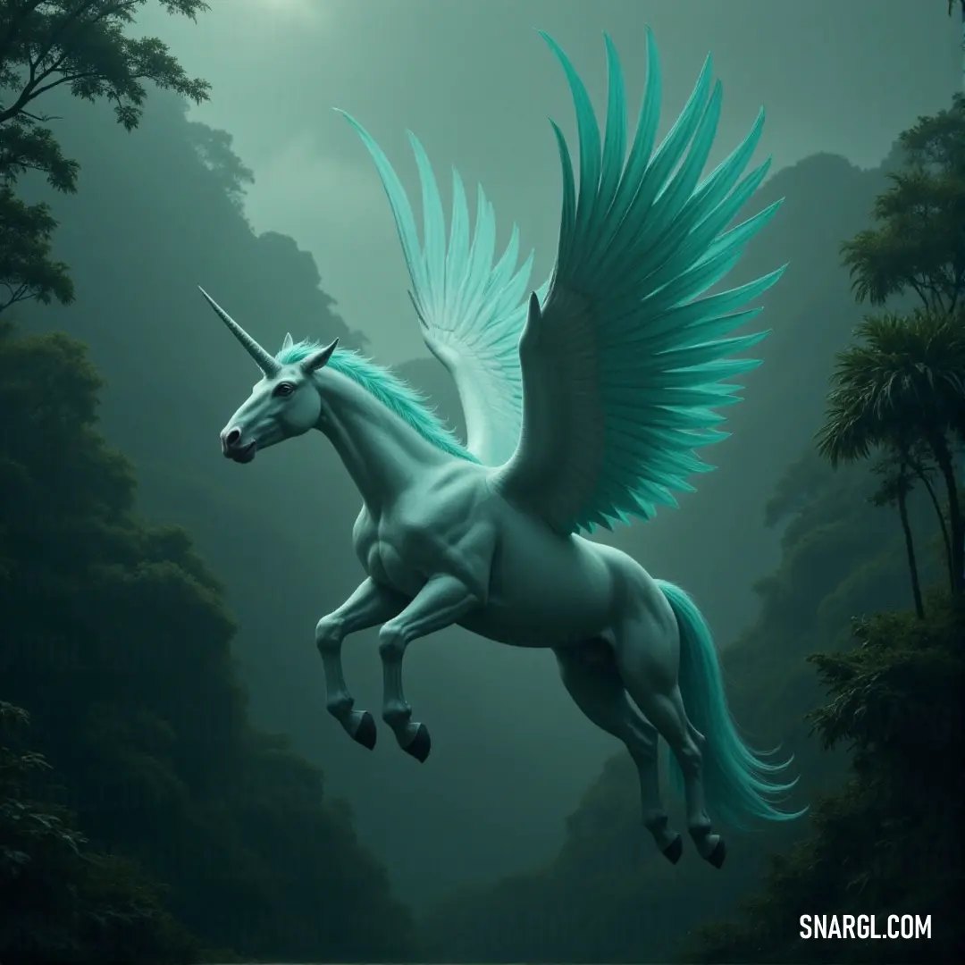 A stunning White Skystrider with vibrant blue wings soars gracefully through the sky, flying above a mystical forest filled with tall trees. The soft glow of the moon casts a magical light on the scene, adding an ethereal touch to the moment.