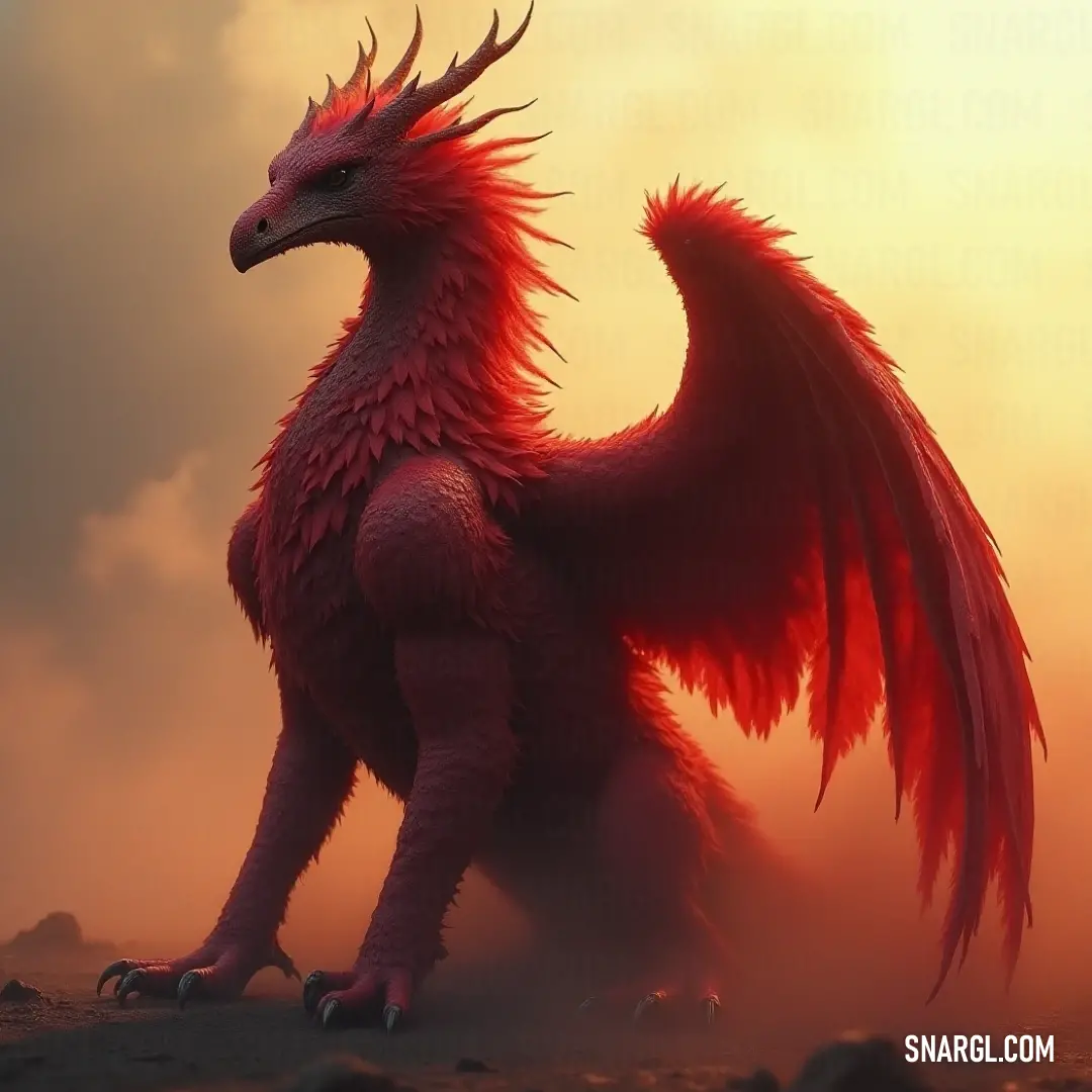 The Red Skystrike soars majestically over a vibrant field at sunset, with its large wings fully extended against a backdrop of a dramatic cloudy sky, as a warm sunbeam pierces through, illuminating its powerful form.