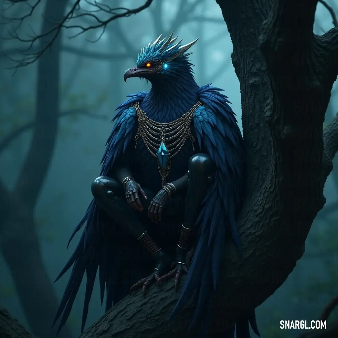 The Skystrike Garuda, with a striking blue face, watches over a dark forest, a mysterious chain hanging from its neck. The Skystrike Garuda, with a glowing blue face, perches on a tree branch in a dark, mystical forest. A heavy chain rests around its neck, adding to the enigmatic aura of this mythical creature.