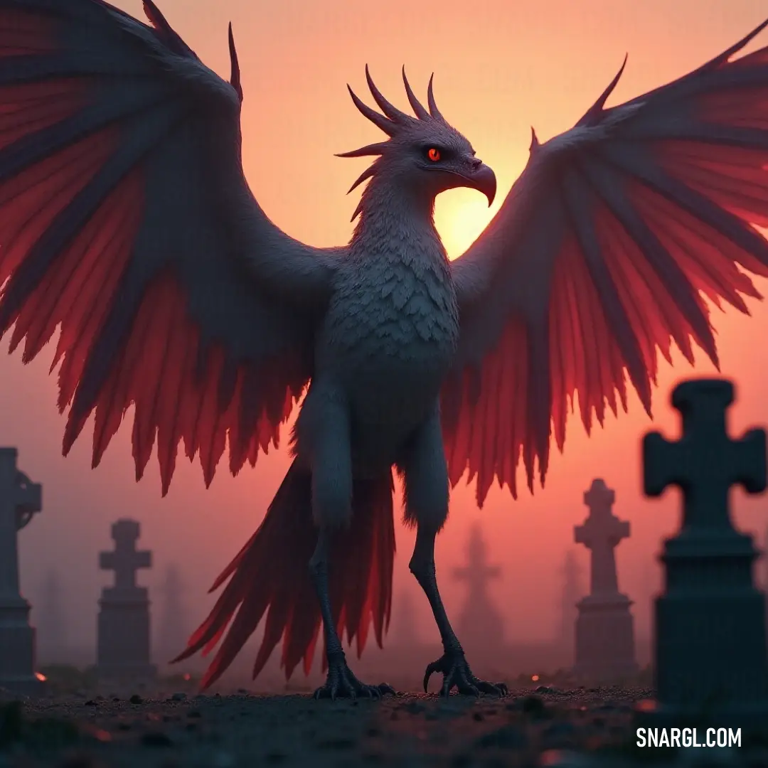 A Skytalon with wings spread, perched in front of a cemetery at sunset, with a cross silhouetted against the warm sky. A Skytalon with its wings spread wide, soaring above a cemetery at sunset. The cross in the background adds an air of mystery, as the creature seems to embrace both the beauty and the darkness of the scene.