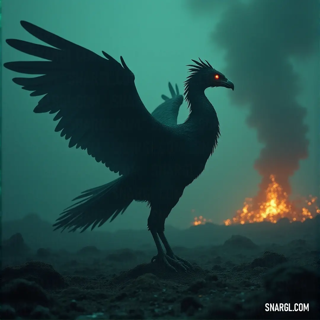 The Skytalon, with its wings spread wide in front of a fiery backdrop, glows with a fierce red eye, standing in defiance as the flames and smoke swirl around it. A fierce Skytalon spreads its wings in a dramatic stance, standing before a blazing fire and a smoke-filled sky, its bright red eye glowing intensely, ready for battle.