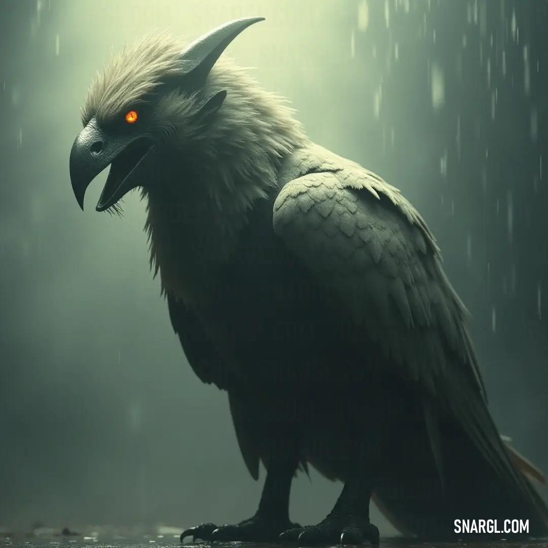 A captivating view of a Black Skyterror portrayed in the rain, emphasizing its commanding presence and beauty. A dramatic Black Skyterror adorned with fierce red eyes and a long beak, standing regal in a rain-drenched scene that highlights its striking silhouette.