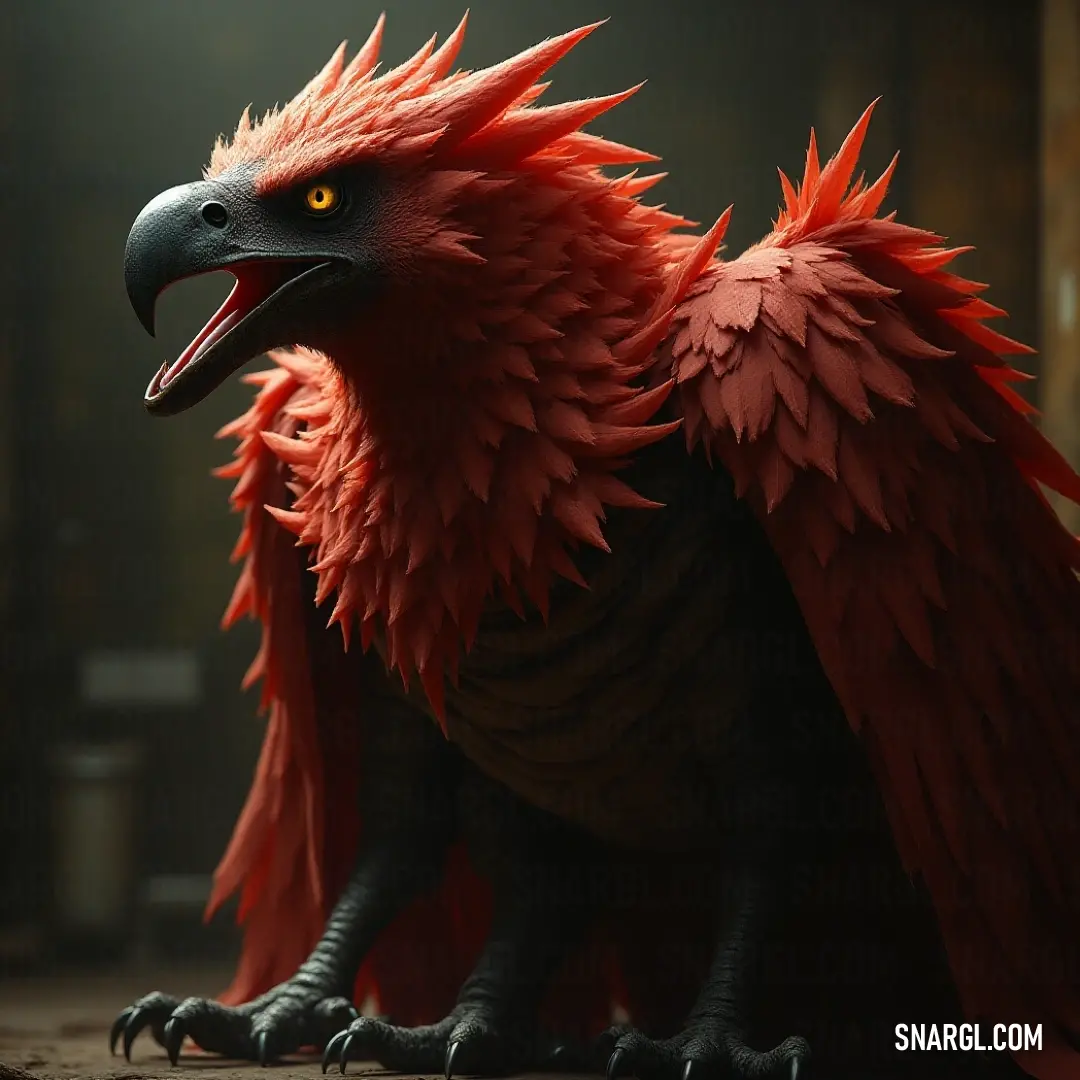 An intriguing capture of a Red Skyterror caught in a spotlight, revealing its captivating details in a shadowy setting. A striking Red Skyterror with a sleek black beak and intense yellow eyes, standing resolute in a dimly lit room, illuminated by a focusing beam of light that enhances its features.