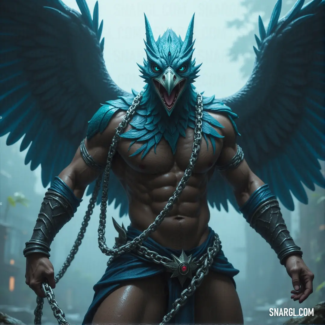 Skyward Garuda, adorned with chains and a bird-inspired headdress, embodies both strength and wisdom, its gaze directed towards the heavens in search of greater purpose. The Skyward Garuda stands tall, adorned with chains and a majestic bird-like headdress that stretches across its chest and arms, exuding an aura of wisdom and strength as it gazes toward the sky.