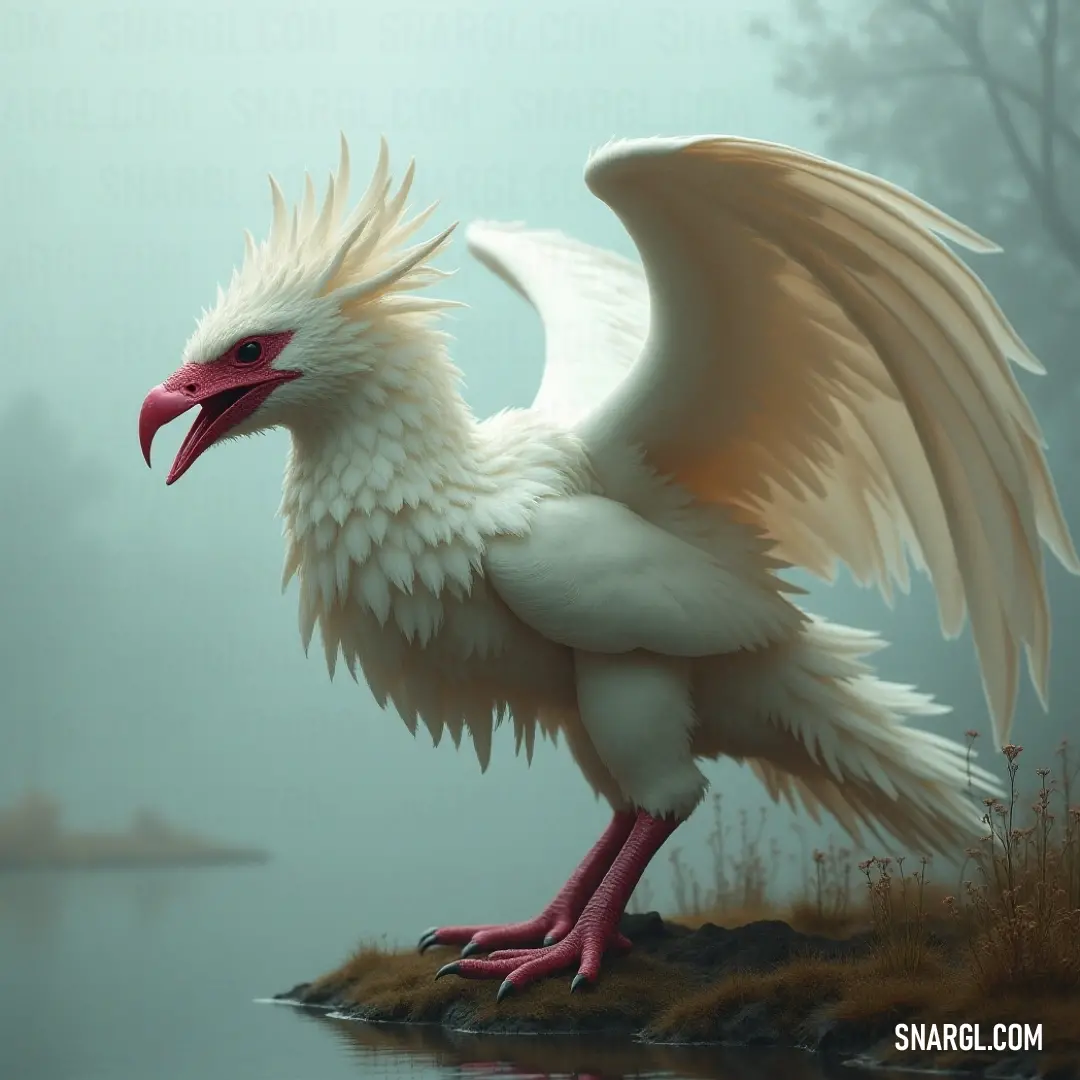 A brilliant white skywhisper with vibrant red beak and wings perched on a rock, overlooking a peaceful water body surrounded by nature's beauty. A stunning white skywhisper with intricate red markings stands proudly on a rocky outcrop, its vibrant wings framing a serene lake and lush trees behind it. The scene evokes a sense of wonder and tranquility.