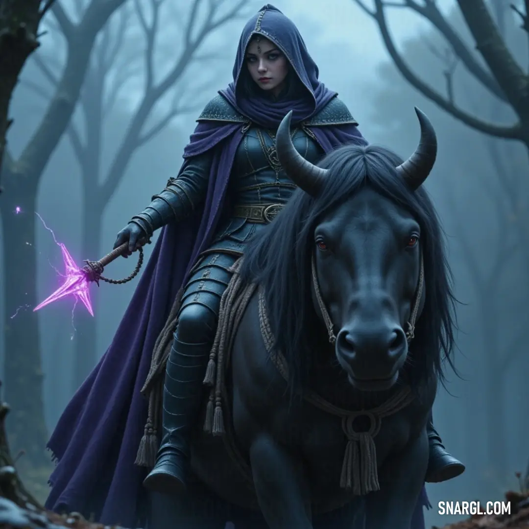 An intrepid character rides a noble steed through a lush forest, her hooded silhouette glowing as she raises a brilliant purple star, lighting the way to uncharted territories. A fearless adventurer in a hooded outfit gallops through a vibrant forest atop a majestic horse, a radiant purple star held high, illuminating her path in search of hidden wonders.
