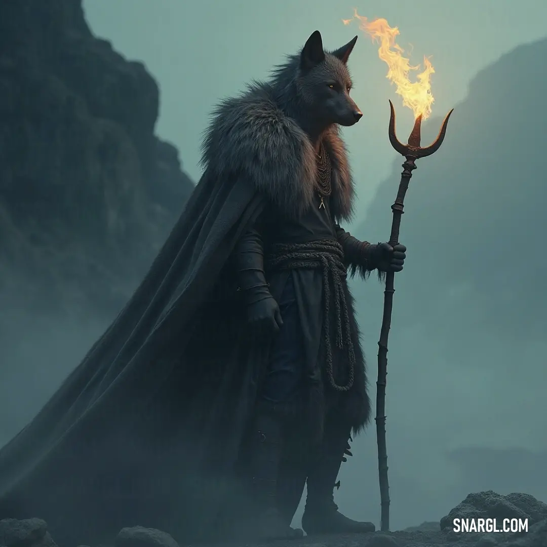 In a striking wolf costume, a warrior holds a staff and a flame, set against a breathtaking mountain vista, embodying the spirit of strength and wildness. A fierce warrior clad in a wolf costume, stands resplendent against a mountainous backdrop, wielding a staff and a flickering flame, ready for battle amidst nature's grandeur.