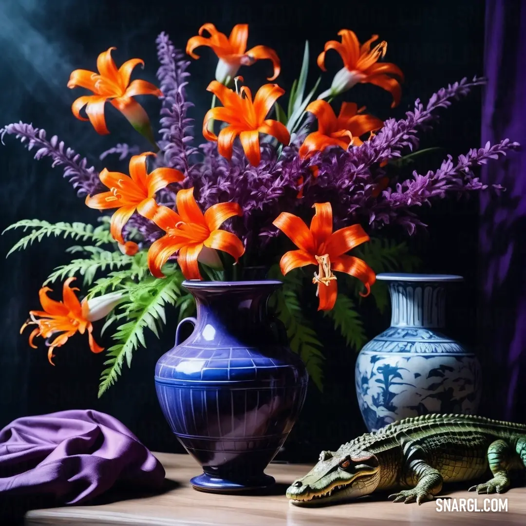 Blue vase with orange flowers and a lizard on a table next to it and a purple cloth on the table. Color RGB 106,90,205.