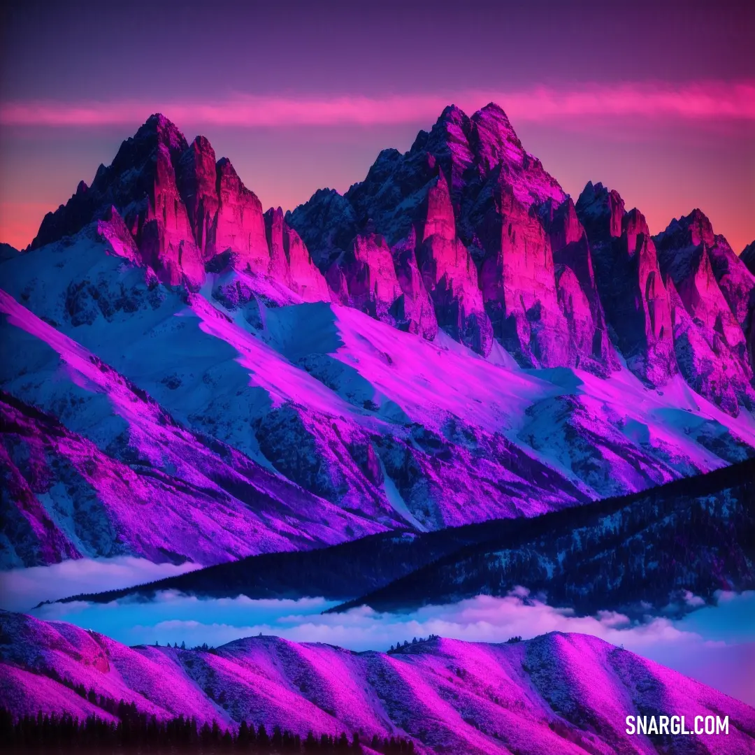 Mountain range with a pink sky and clouds in the foreground and a pink