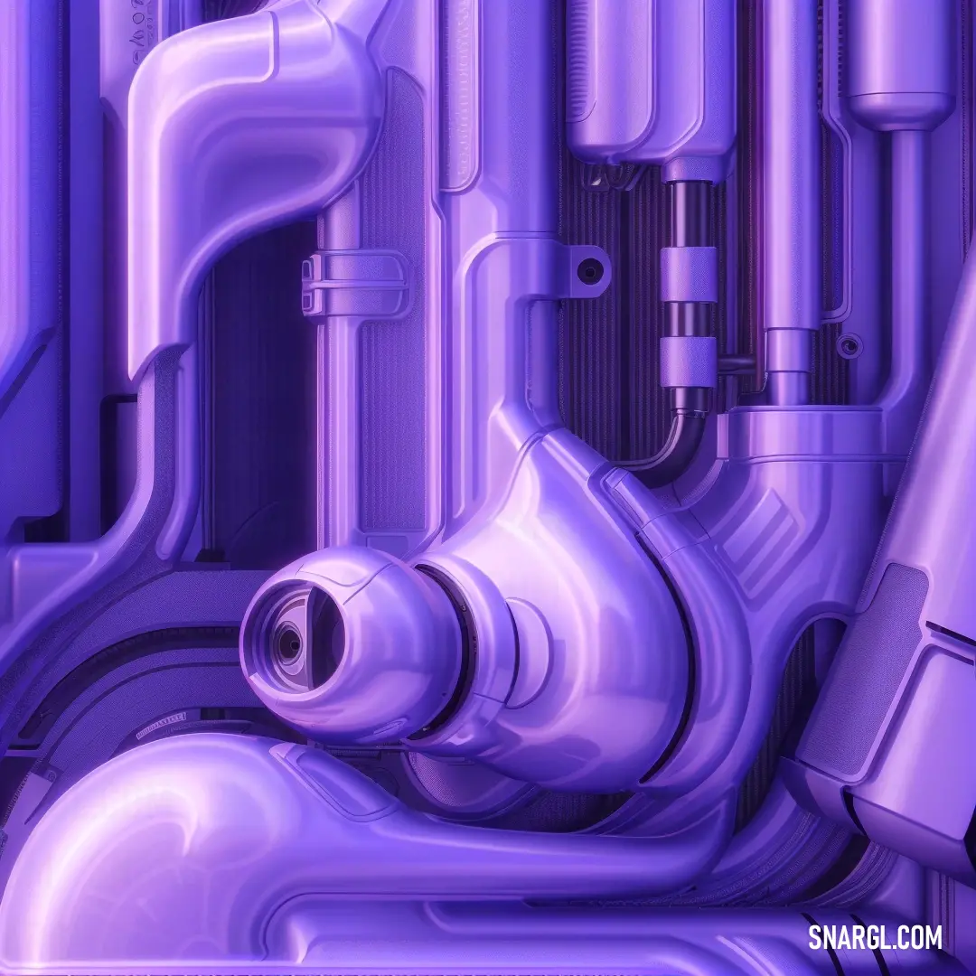 Purple background with pipes and piping in it's center and a blue background with a white border