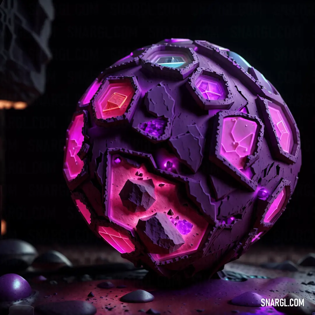 Purple ball with a lot of different shapes and sizes on it on a table with rocks and a lamp