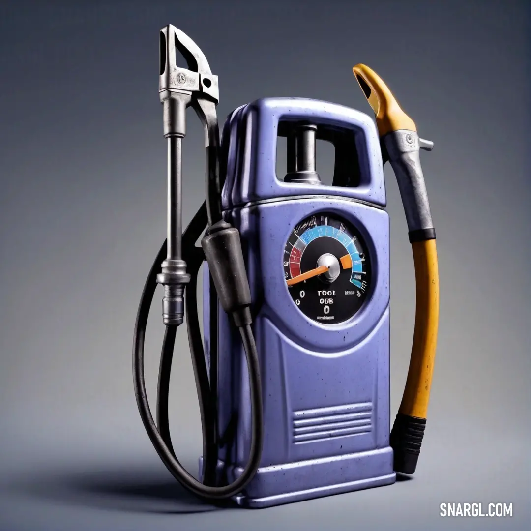 Blue gas pump with a yellow hose and a yellow wrench on it's end. Color #6A5ACD.