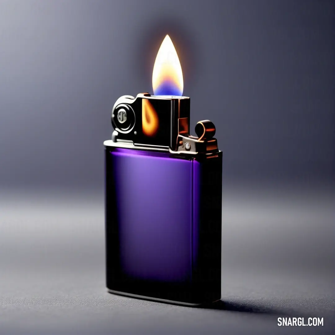Lighter with a flame on it on a table next to a camera and a bottle of liquor. Color CMYK 48,56,0,20.