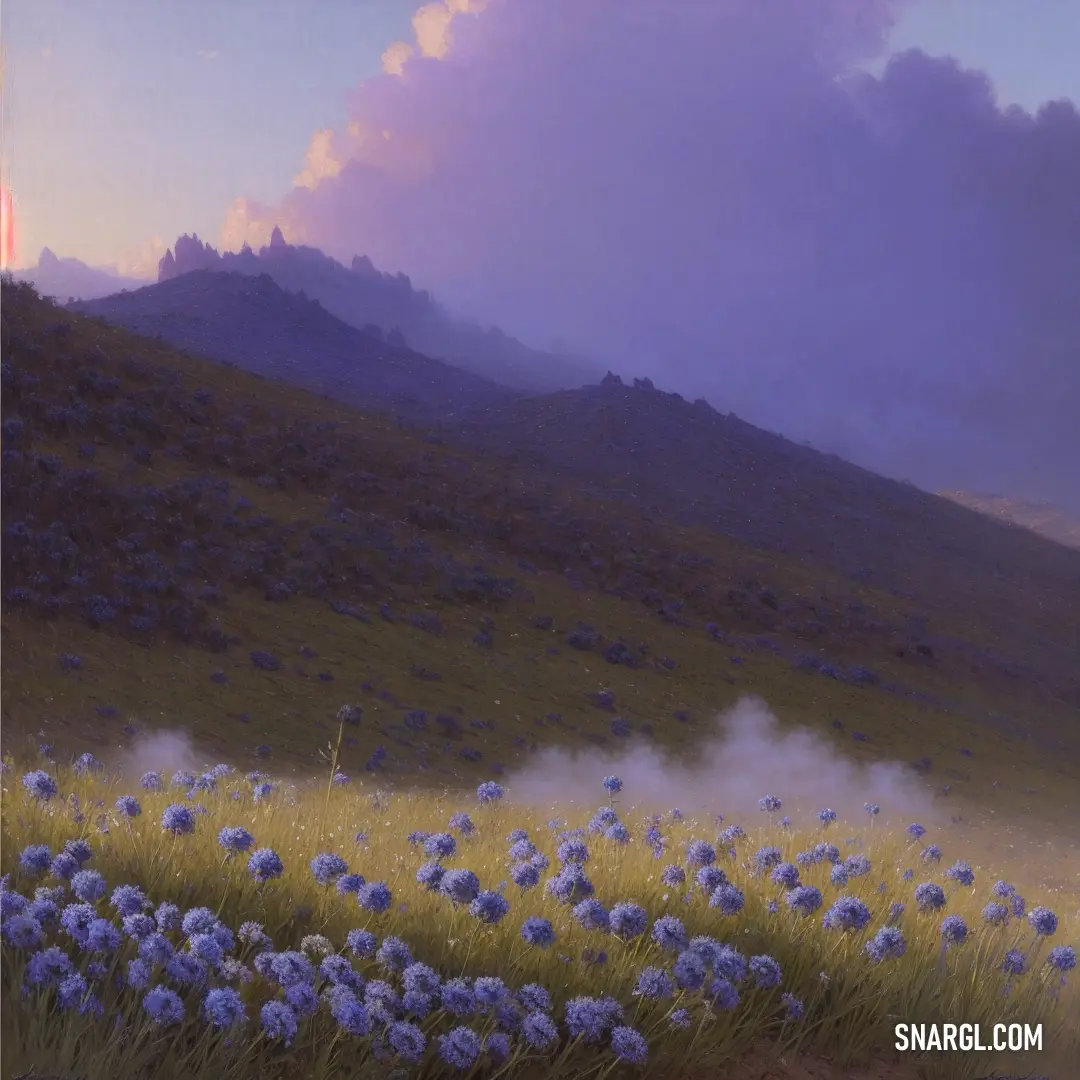 Painting of a field of flowers with a mountain in the background. Color Slate blue.