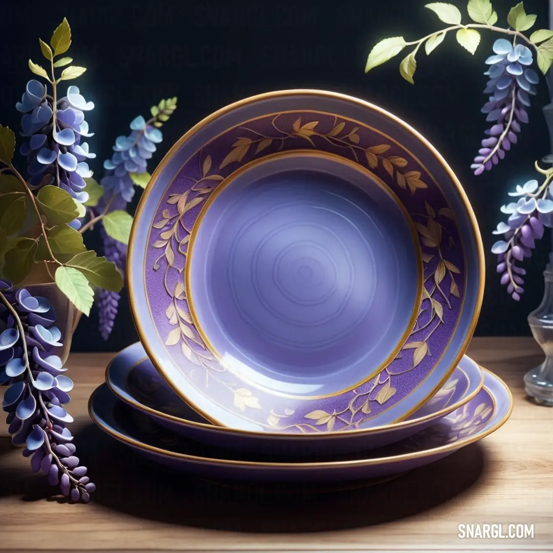 Purple and gold plate with a vase of flowers in the background. Color RGB 106,90,205.