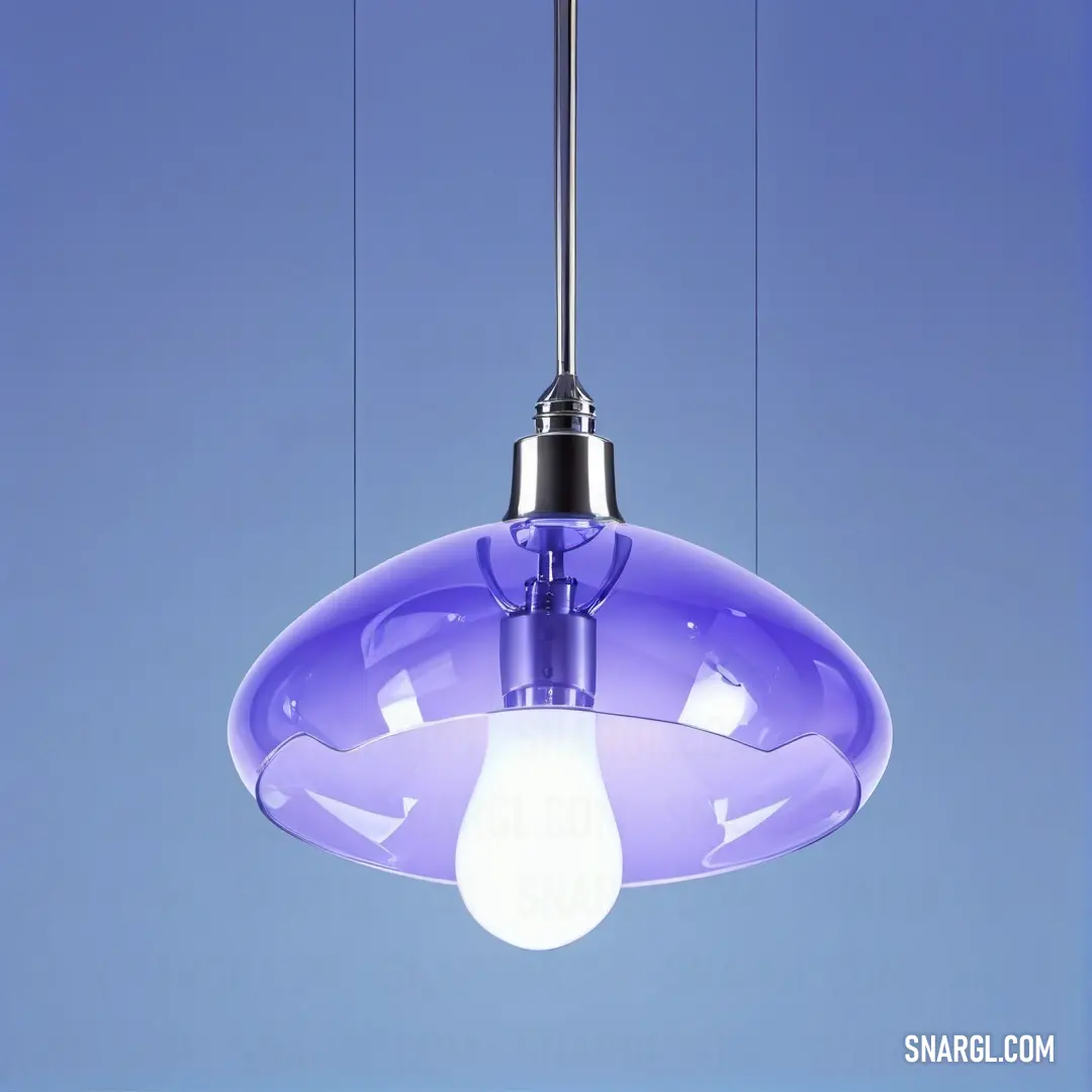 Purple light hanging from a ceiling fixture with a blue background. Color RGB 106,90,205.