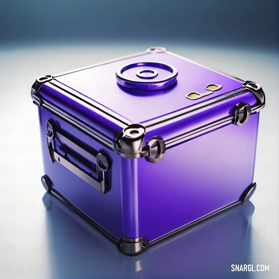 Purple suitcase with a metal handle on a reflective surface with a reflection of the object in the background. Example of #6A5ACD color.
