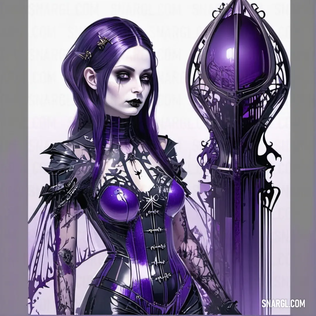 Woman in a purple corset next to a lamp post with a clock on it's side. Example of #6A5ACD color.