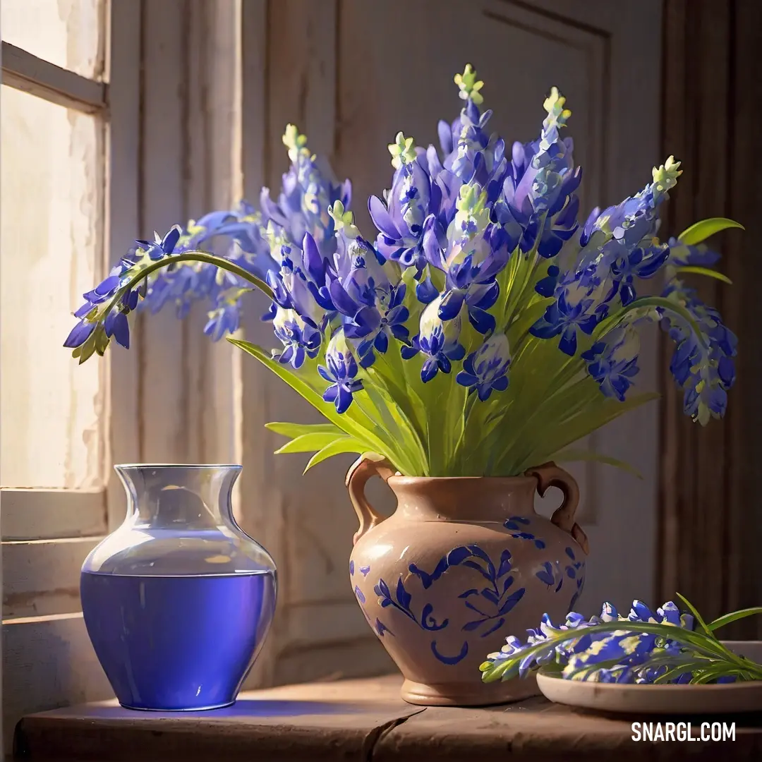 Vase with blue flowers and a bowl of blue flowers on a table next to a window with a white curtain. Color Slate blue.
