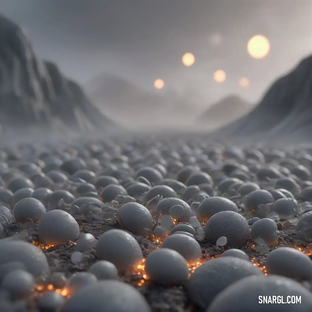 Bunch of bubbles floating in the air near a mountain range with a sun in the background. Example of Slate gray color.