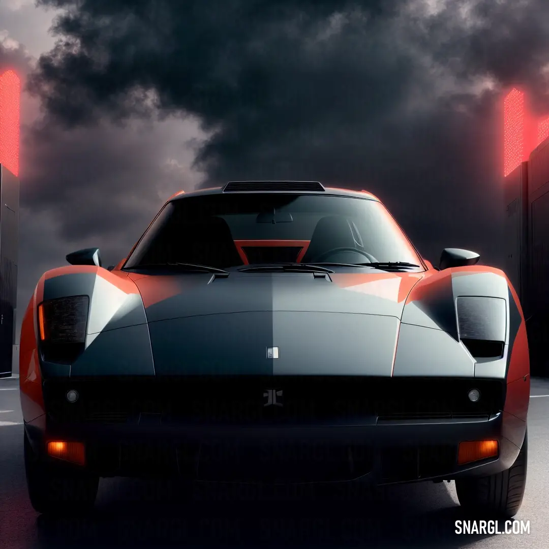 A sleek car parked against a dramatic dark sky with swirling clouds, adding an air of mystery to the scene. The car's presence stands out in the soft, bluish-gray tones, complementing the vast, stormy sky above.