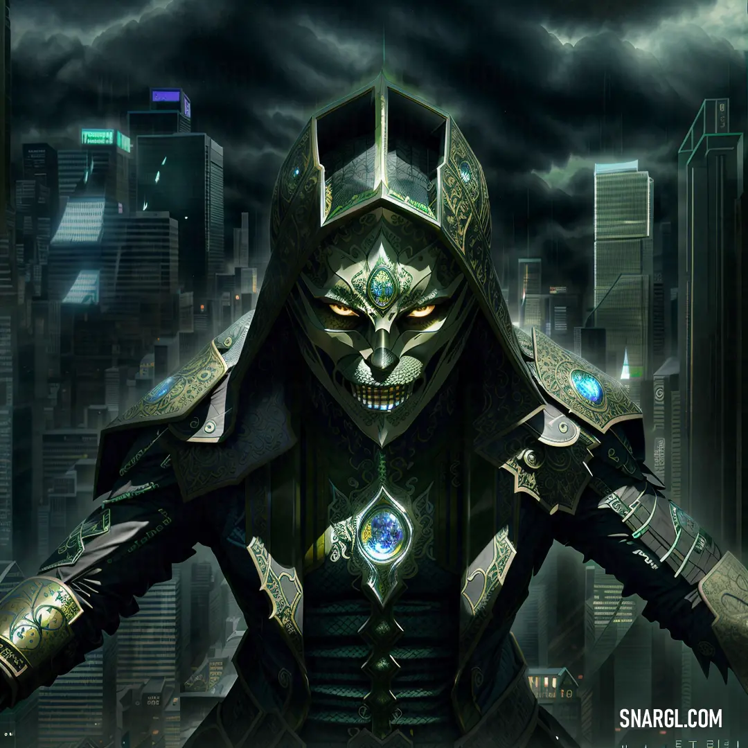 A futuristic character wearing a sleek suit with a large demon face emblazoned across his chest. His arms are dramatically extended in front of a sprawling cityscape, where neon lights and futuristic buildings stretch into the distance.