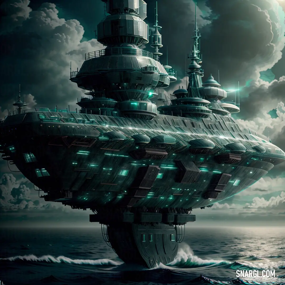 A futuristic ship floats majestically on the ocean under a cloudy sky, with a brilliant full moon casting a soft glow over the scene. The ship's design reflects an advanced and sleek look, while the ocean's surface ripples beneath it.