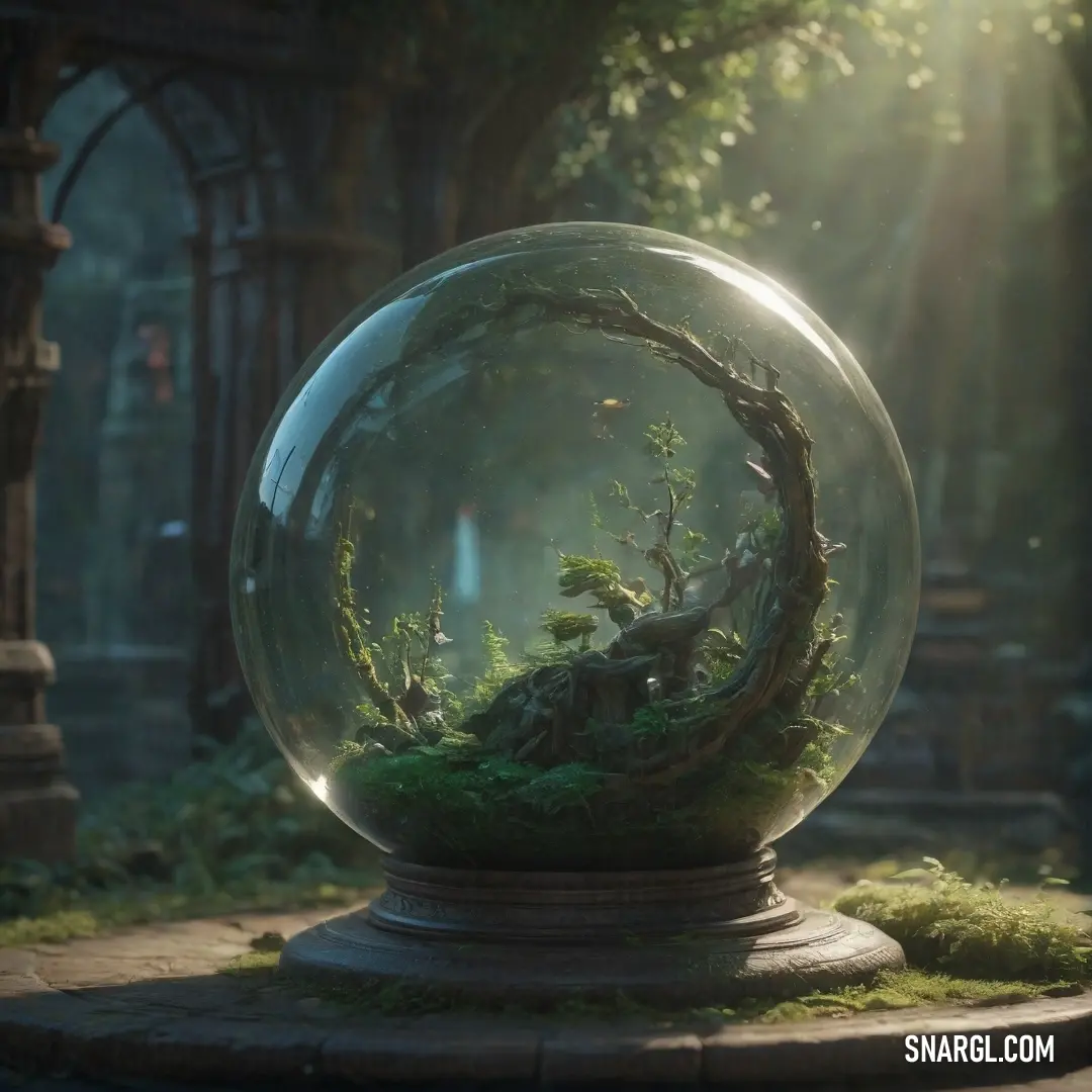 A delicate glass sphere containing moss sits on a stone platform, surrounded by trees and a statue. The natural setting contrasts with the cool, smooth texture of the glass, adding a sense of timelessness.