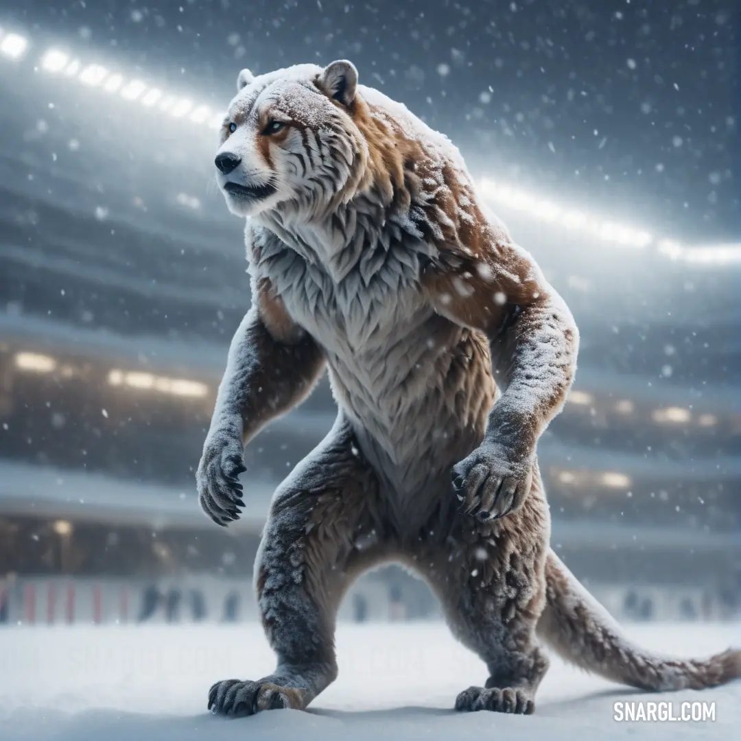 Large bear standing on its hind legs in the snow at a hockey rink in winter time. Color #708090.