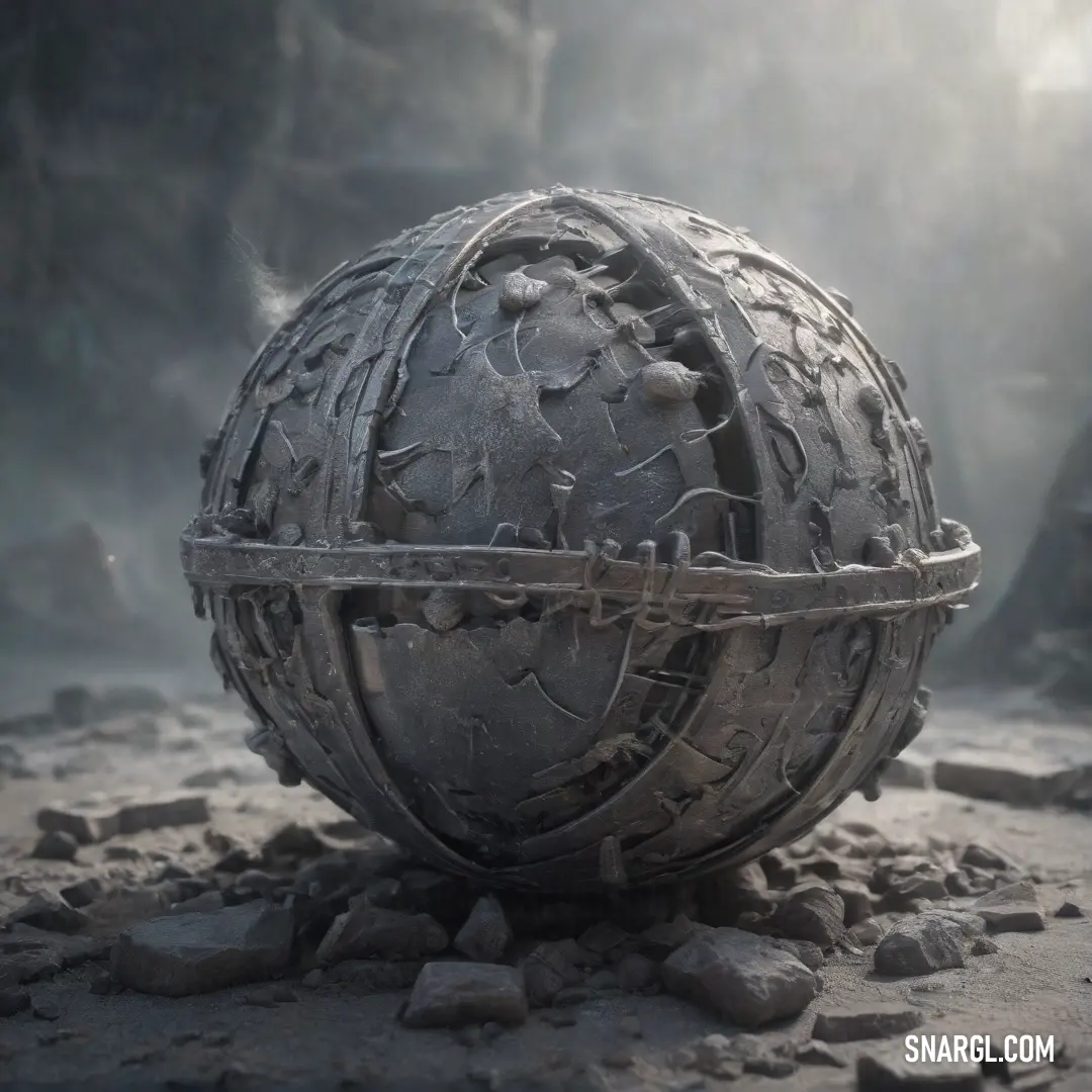 A large metallic ball rests atop a pile of rocks and dirt, with a wire coiled around it. The striking industrial design contrasts with the natural elements surrounding it, creating a scene that feels both grounded and surreal.